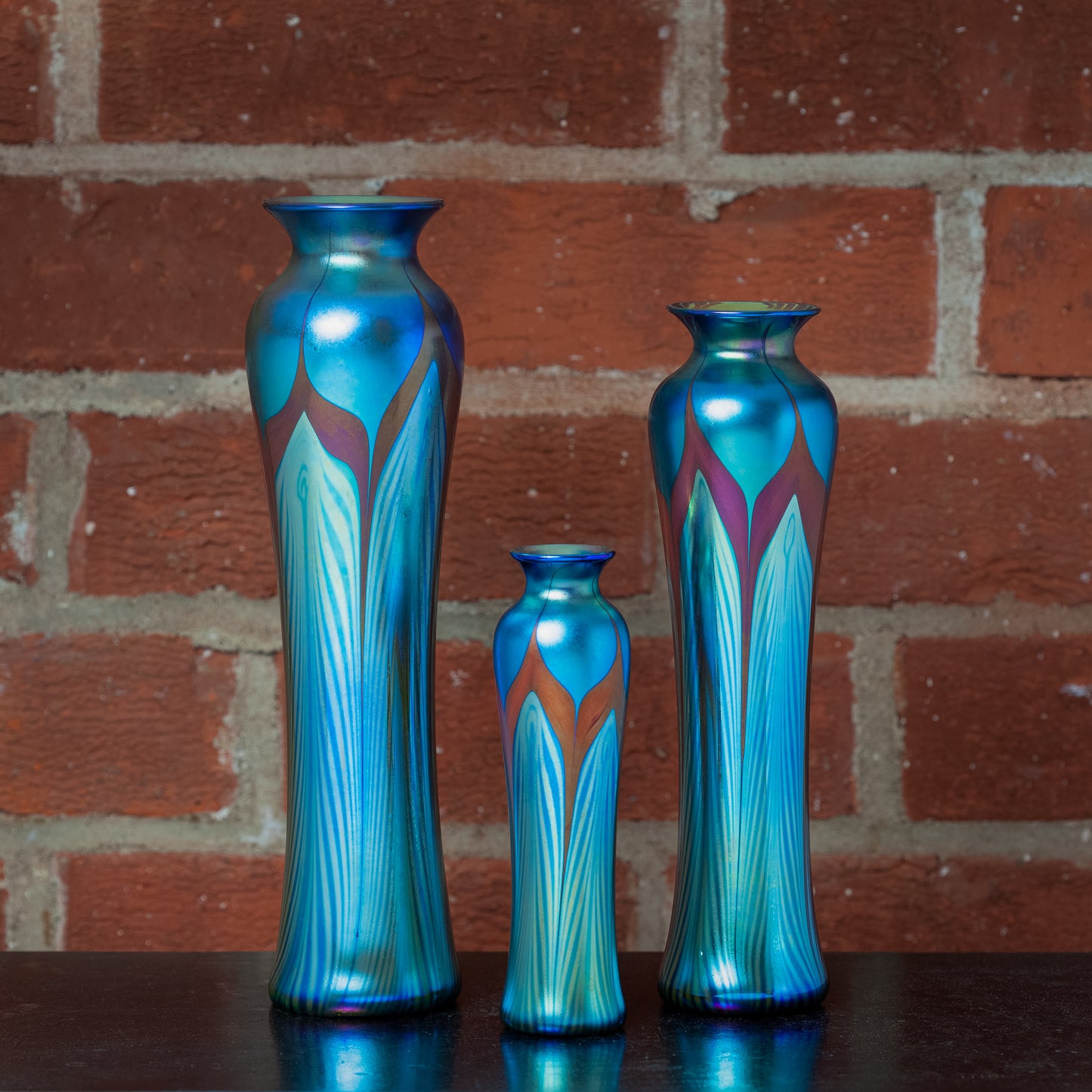 Medium Slender Art Glass Vase with Blue Feather Decoration