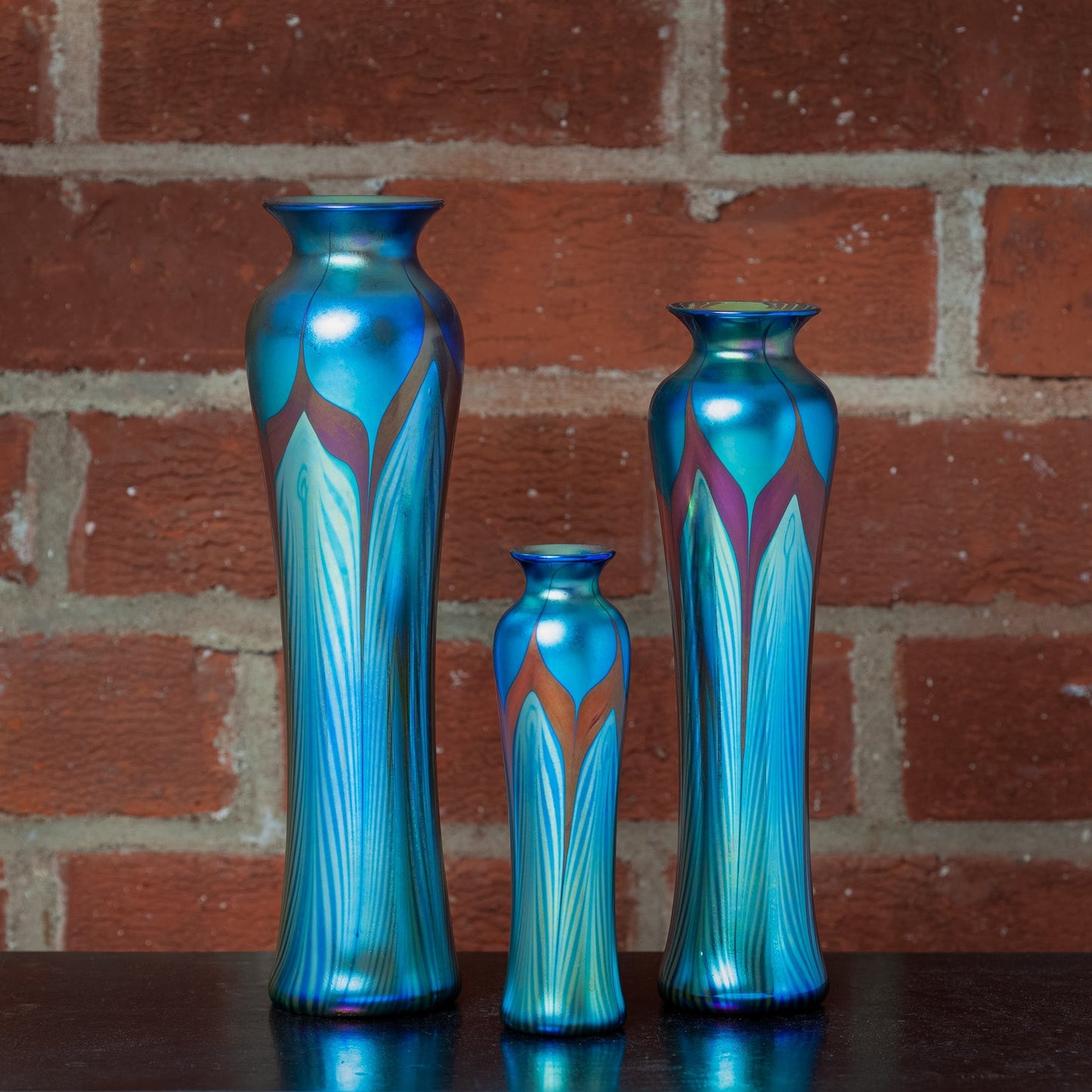 Large Slender Art Glass Vase with Blue Feather Decoration
