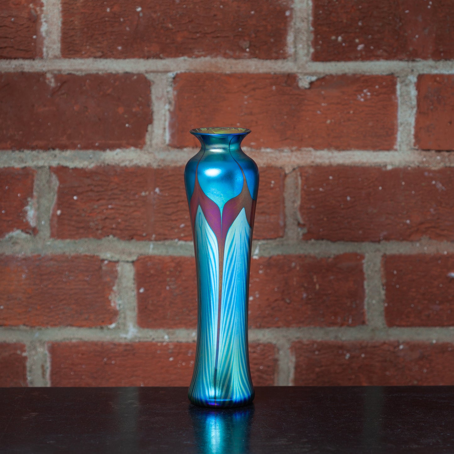 Large Slender Art Glass Vase with Blue Feather Decoration