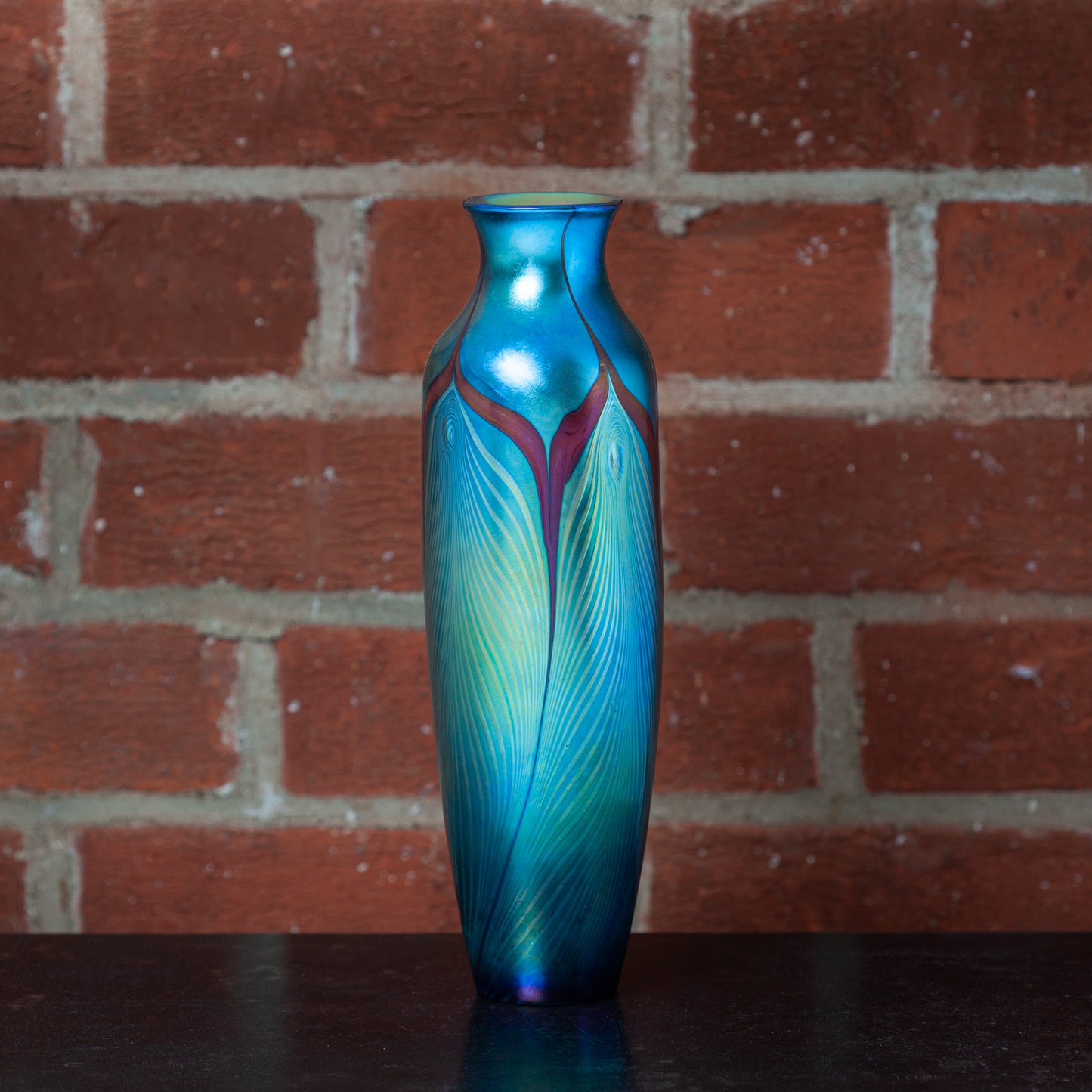 Large Art Glass Vase with Blue Feather Decoration