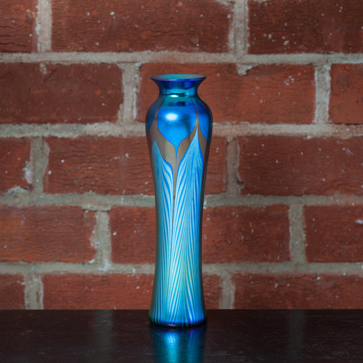 Large Slender Art Glass Vase with Blue Feather Decoration