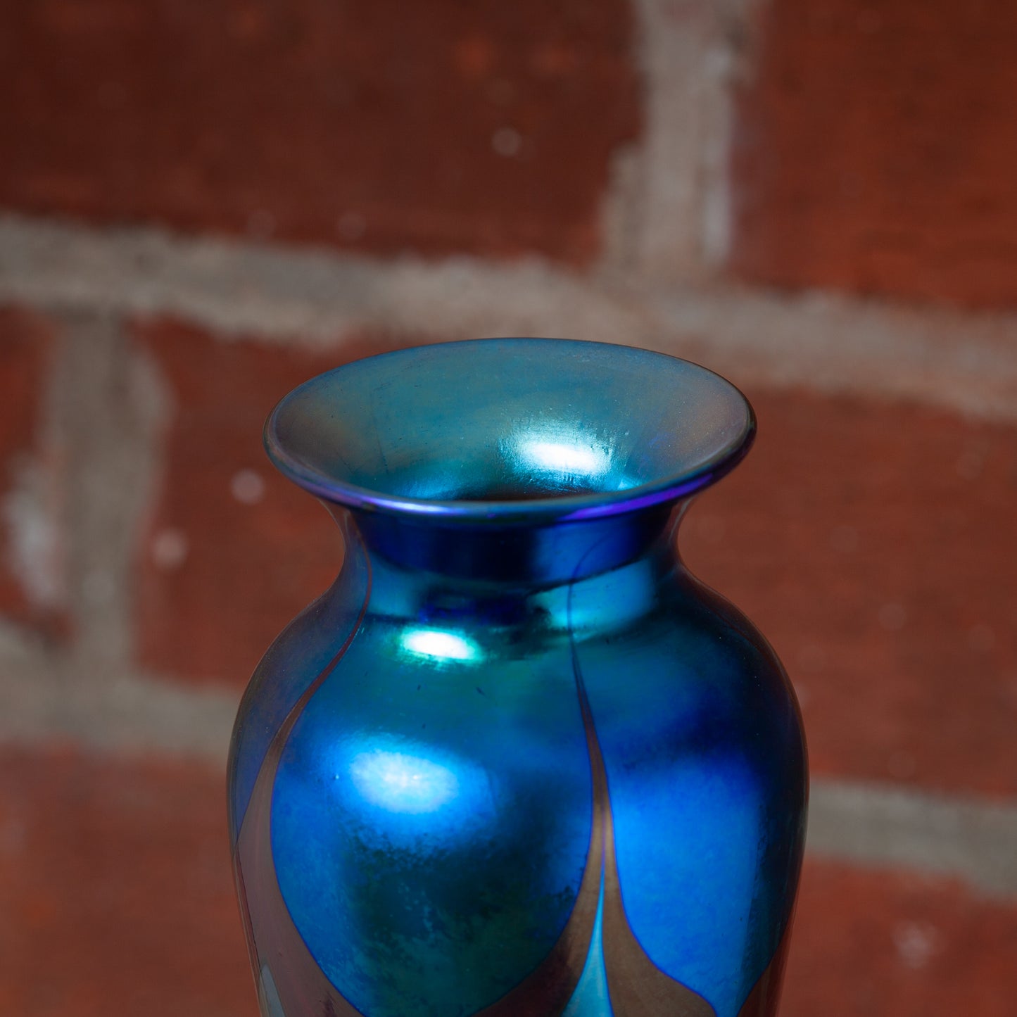 Large Slender Art Glass Vase with Blue Feather Decoration