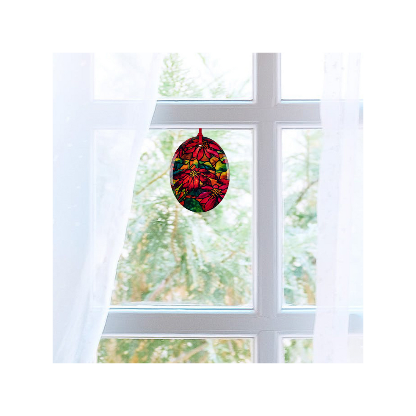 "Poinsettia" oval glass ornament / suncatcher