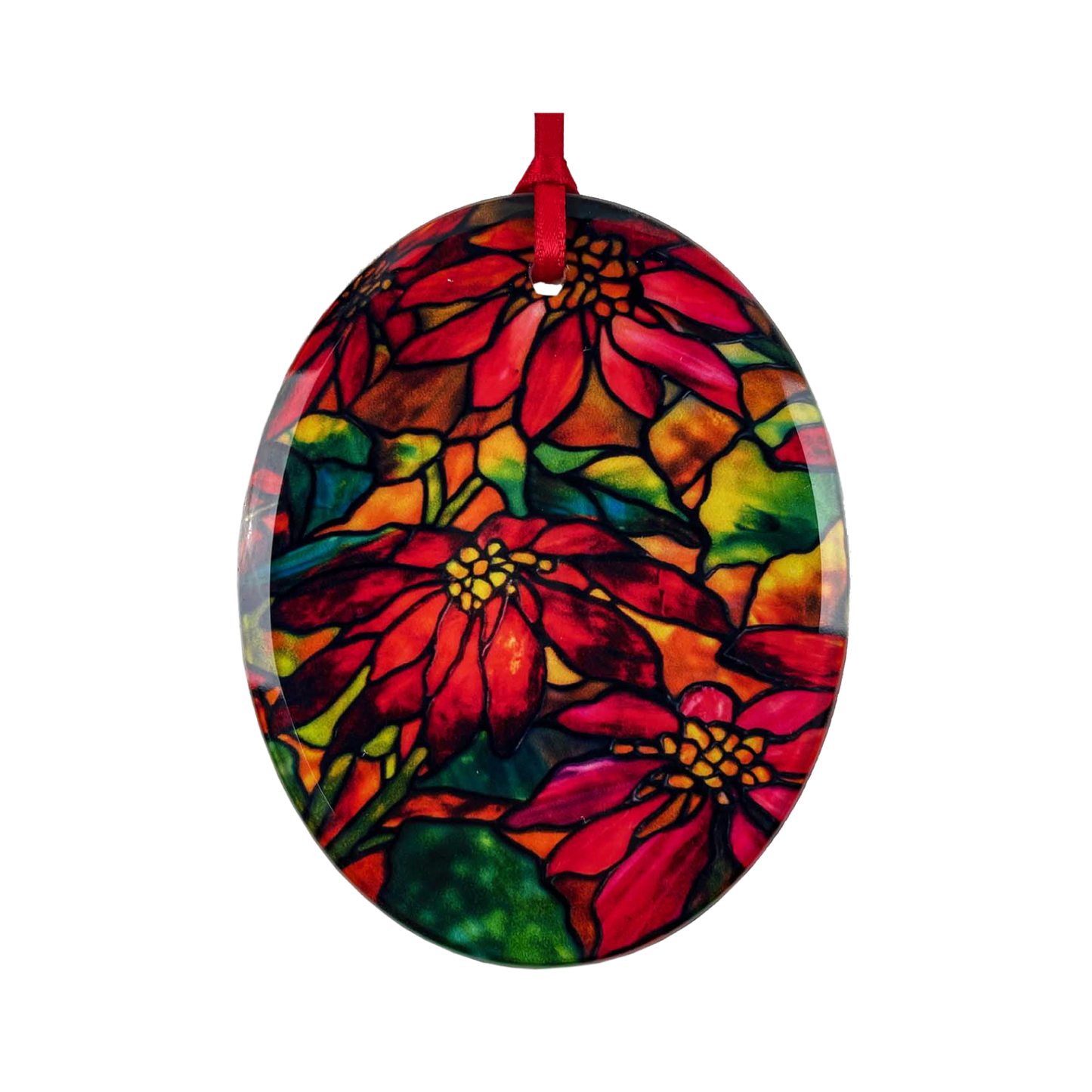 "Poinsettia" oval glass ornament / suncatcher