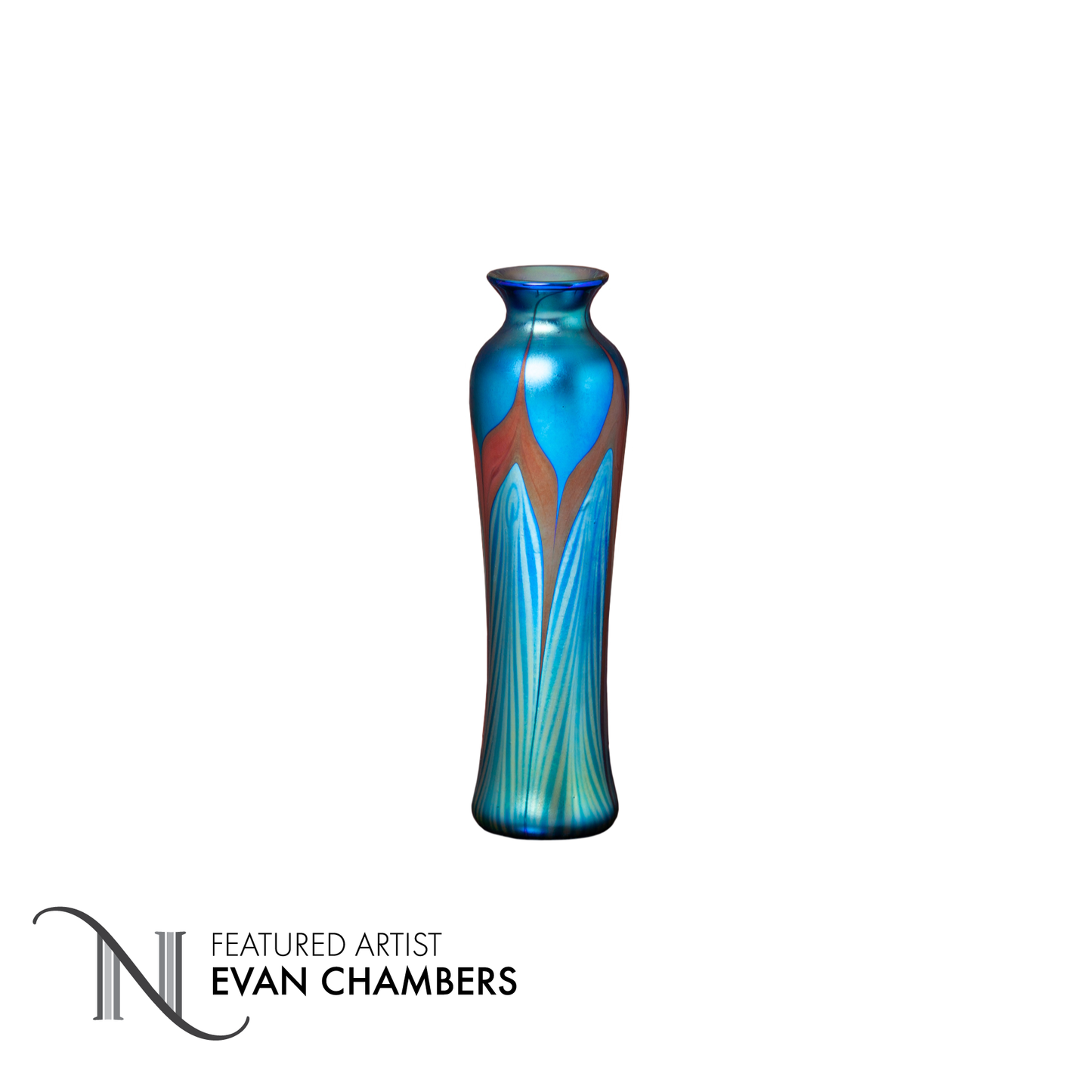 Medium Slender Art Glass Vase with Blue Feather Decoration