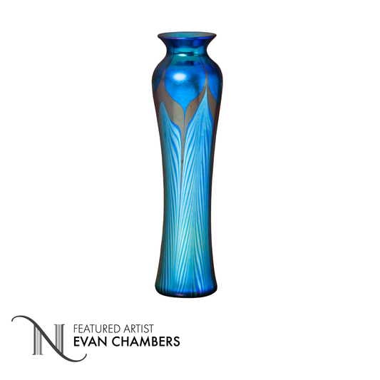 Large Slender Art Glass Vase with Blue Feather Decoration