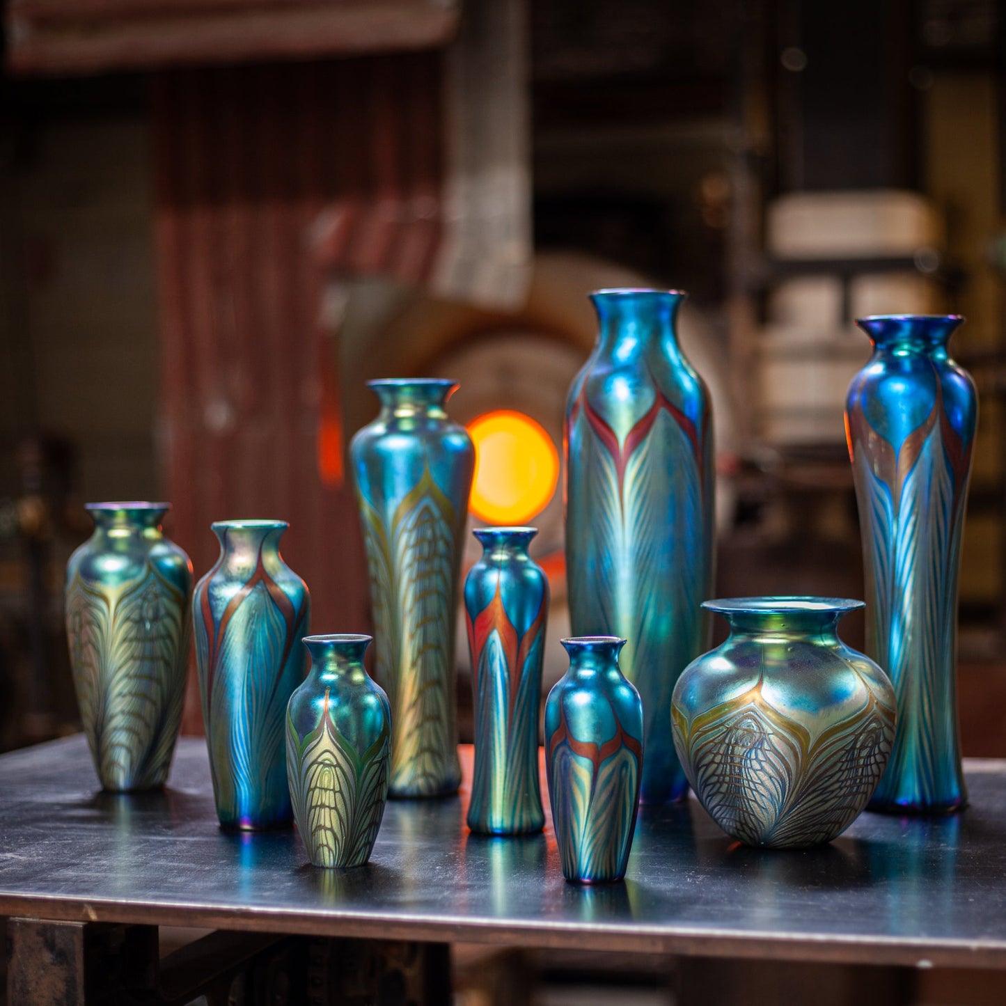 Medium Slender Art Glass Vase with Blue Feather Decoration
