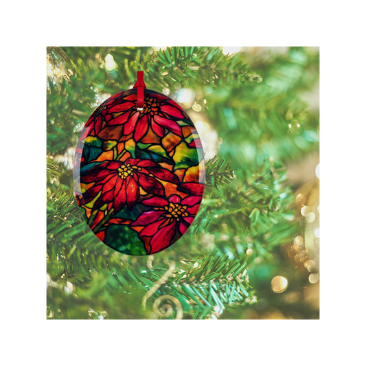 "Poinsettia" oval glass ornament / suncatcher